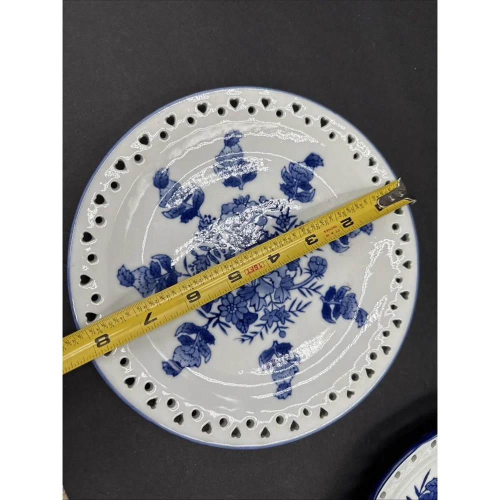 Vtg Blue & White Round Dish Ceramic Decor Vanity Plate Wall Hanger Lot Of 2